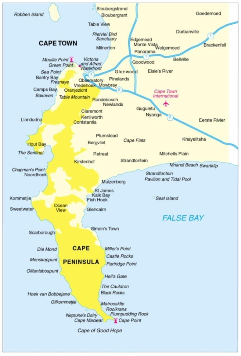 mapa Капском półwyspie w Południowej Afryce