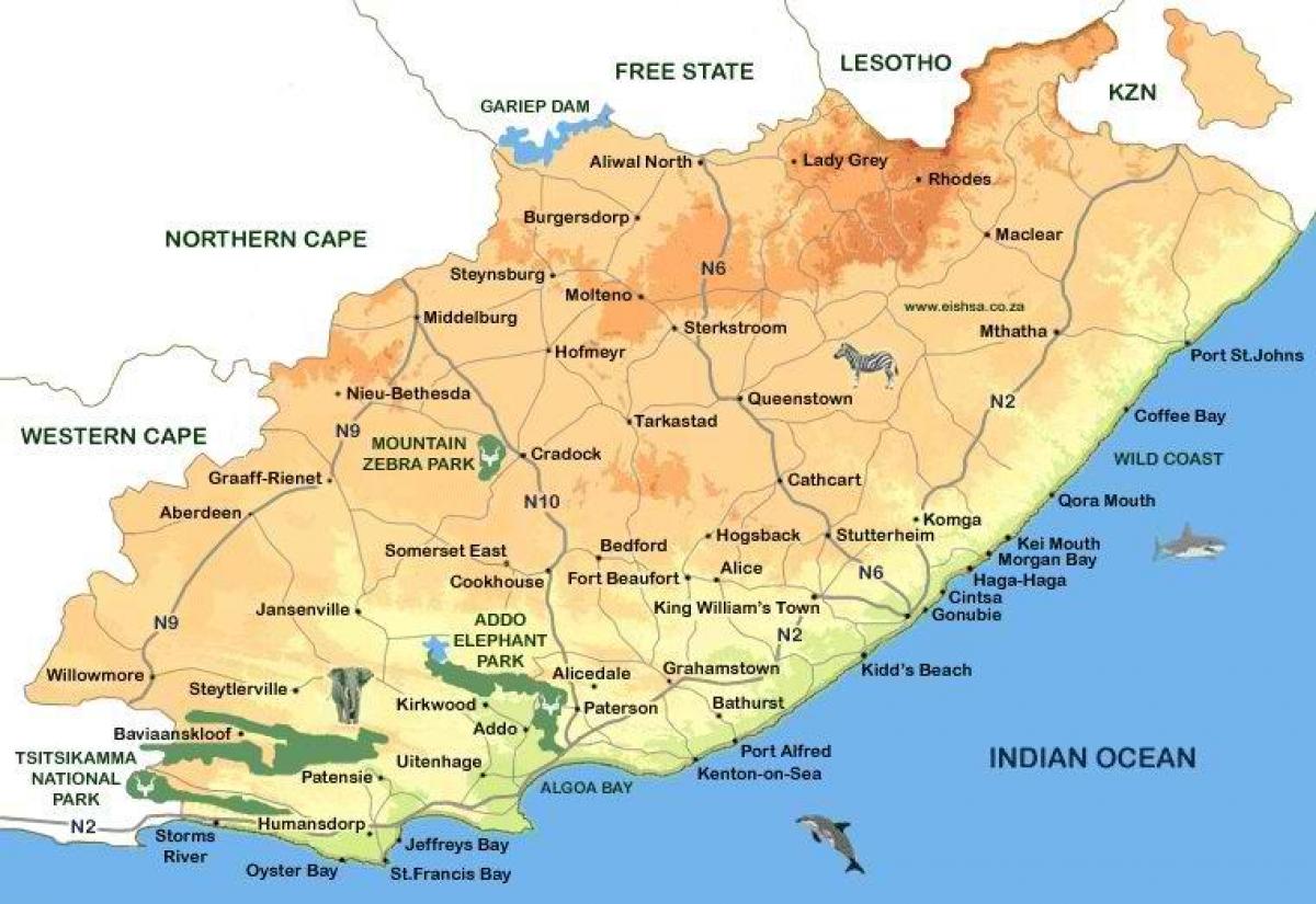 mapa Eastern Cape miast