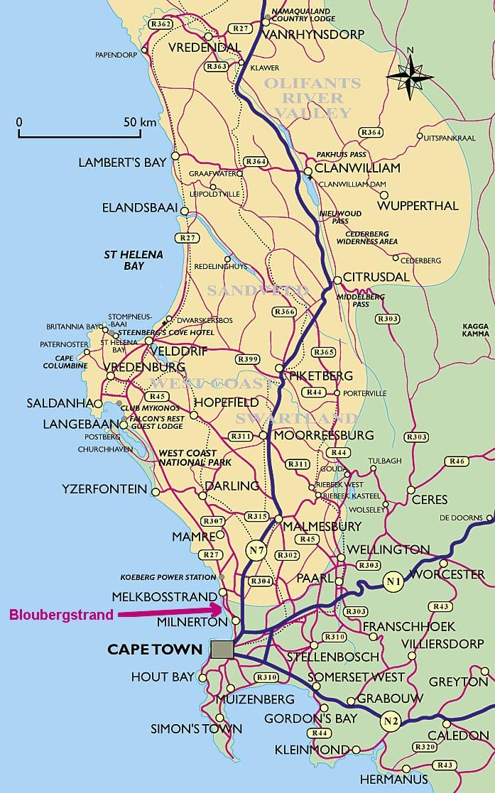 mapa zachodniego wybrzeża Cape town