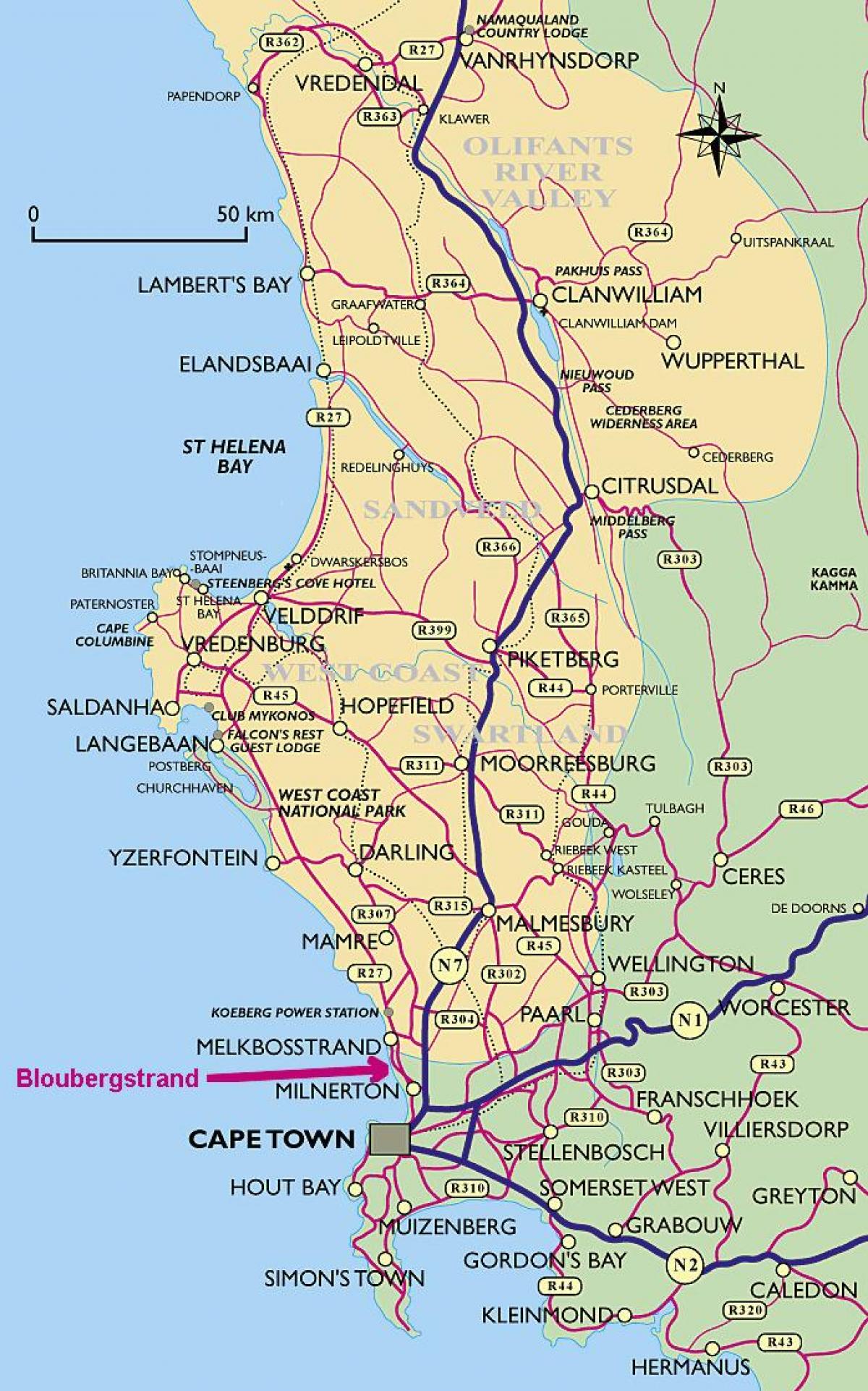 mapa zachodniego wybrzeża Cape town