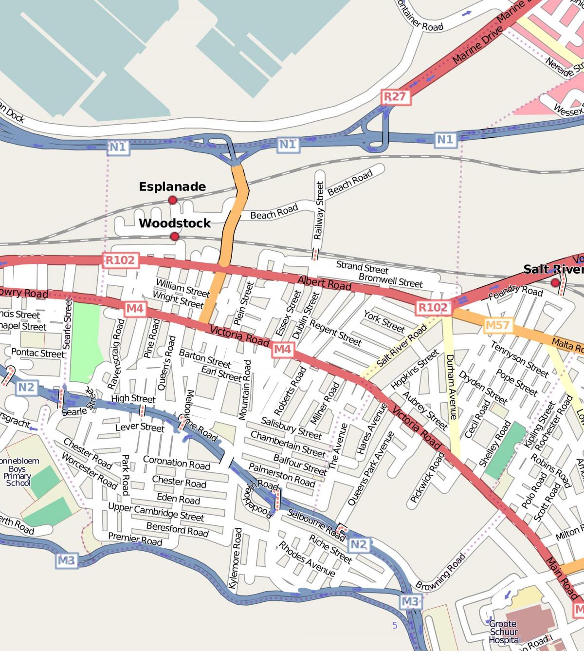 mapa ulic Woodstock Kapsztad