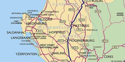 Mapa zachodniego wybrzeża Cape town